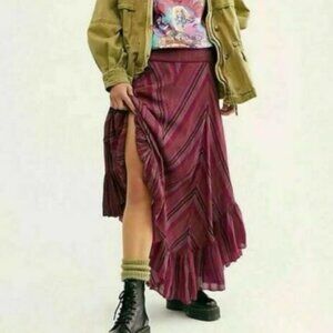 Free People FP One Purple Pink Plaid Ruffle Boho Gabrielle Maxi Skirt Long